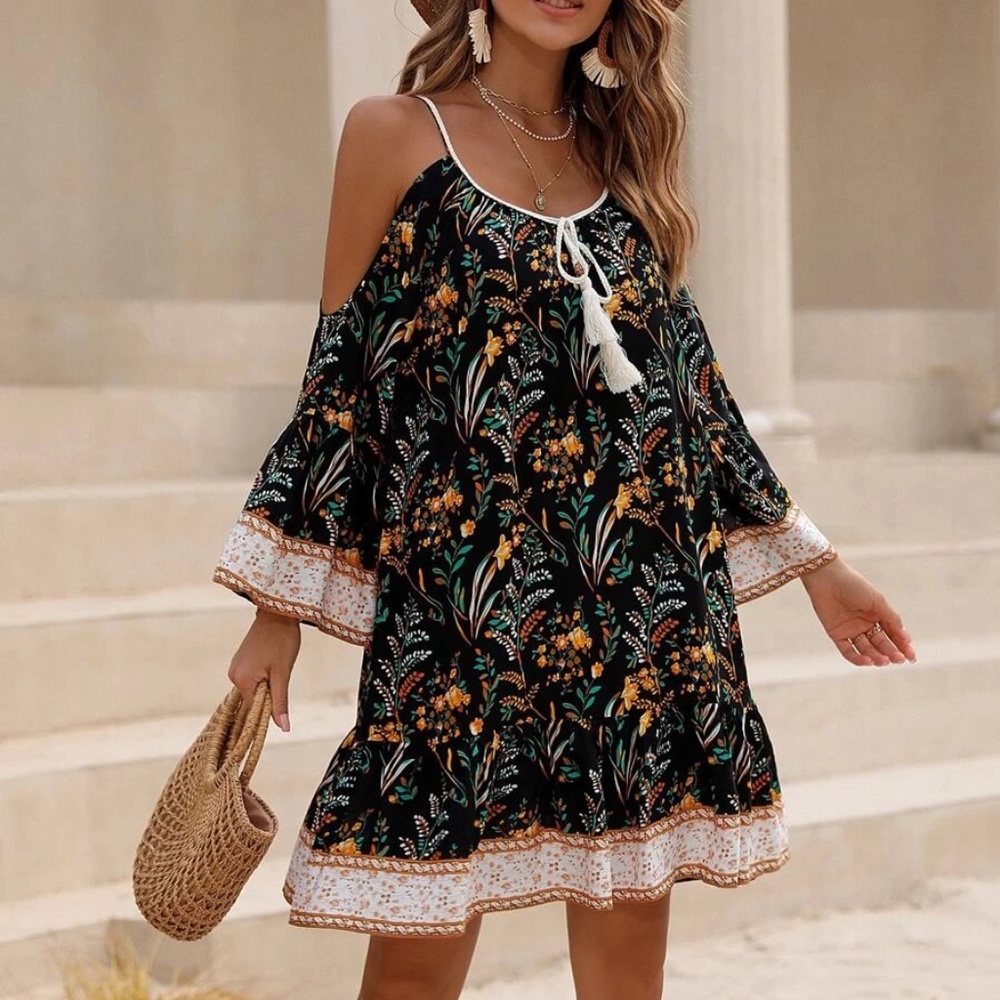 Boho Floral Print Cold Shoulder Mini Dress - Picture 7 of 12